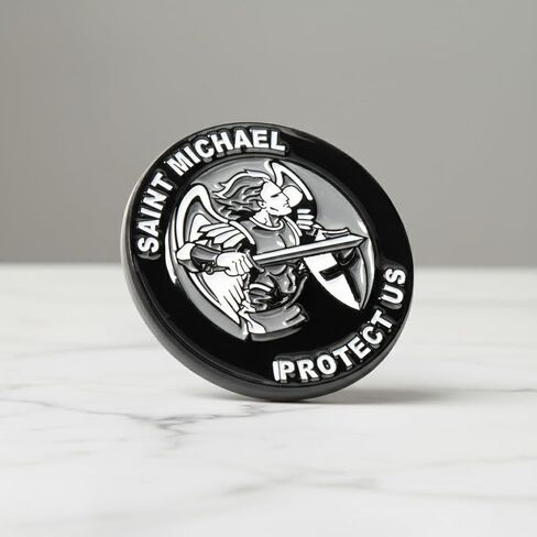 Saint Michael "Protect Us" Lapel-Brooch Pin - Black Colored Metal Plated - Luxury Clothing-Hat-Bag Accessory in Kuwait