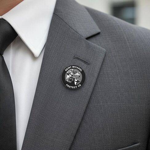 Saint Michael "Protect Us" Lapel-Brooch Pin - Black Colored Metal Plated - Luxury Clothing-Hat-Bag Accessory in Kuwait