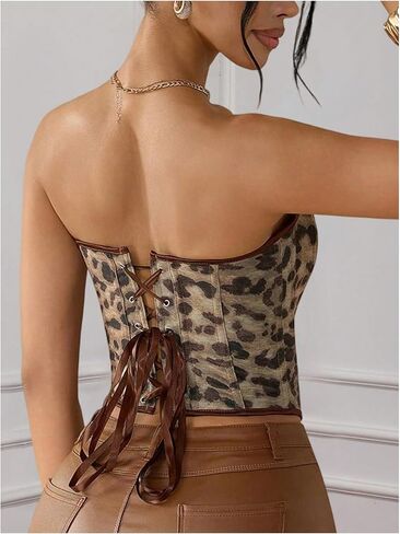 Women's Cropped Leopard Cheetah Corset Tops Sexy Lace Up Tube Bustier Overbust Top Y2k Cowgirls Outfits in Saudi Arabia