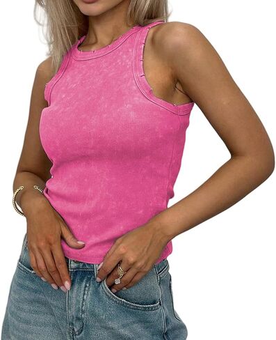 KEEPSHOWING Acid Washed Tank Top for Women Sleeveless Crewneck Ribbed Knitted Crop Tops Ripped Basic Slim Camis in Kuwait