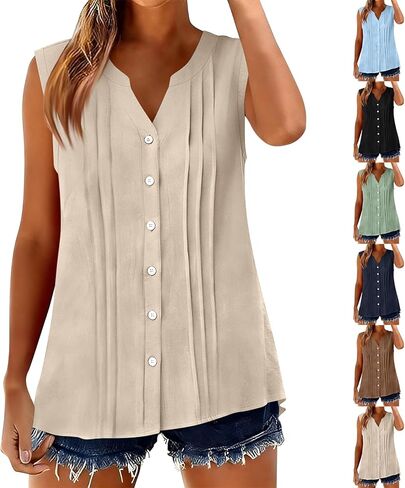 قطع علوية نسائية بدون أكمام لصيف 2026 قمصان كتان بأزرار للأسفل بطيات أمامية ورقبة على شكل حرف V قطع علوية أنيقة بلوزات عمل فضفاضة in Kuwait