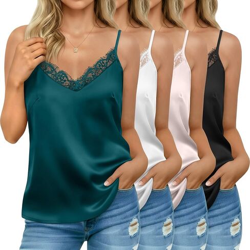 4 Pack Women's Satin Camisole Silk Lace Tank Top V Neck Spaghetti Strap Sleeveless Cami Tops Loose Fit Casual Pajama in Saudi Arabia
