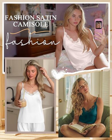 4 Pack Women's Satin Camisole Silk Lace Tank Top V Neck Spaghetti Strap Sleeveless Cami Tops Loose Fit Casual Pajama in Saudi Arabia