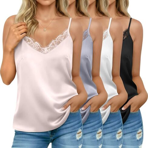 4 Pack Women's Satin Camisole Silk Lace Tank Top V Neck Spaghetti Strap Sleeveless Cami Tops Loose Fit Casual Pajama in Saudi Arabia