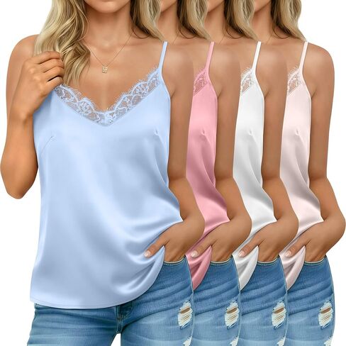 4 Pack Women's Satin Camisole Silk Lace Tank Top V Neck Spaghetti Strap Sleeveless Cami Tops Loose Fit Casual Pajama in Saudi Arabia