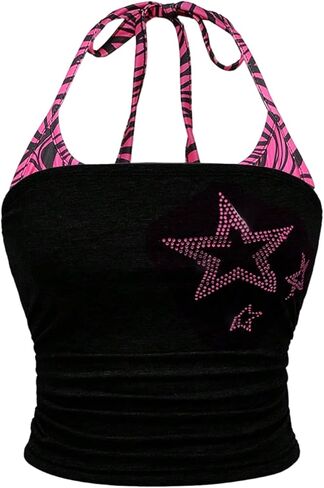 SOLY HUX Women's Plus Size Halter Tops Y2k Rhinestone Star Tie Backless Ruched Sleeveless Going Out Cami Crop Top in Saudi Arabia