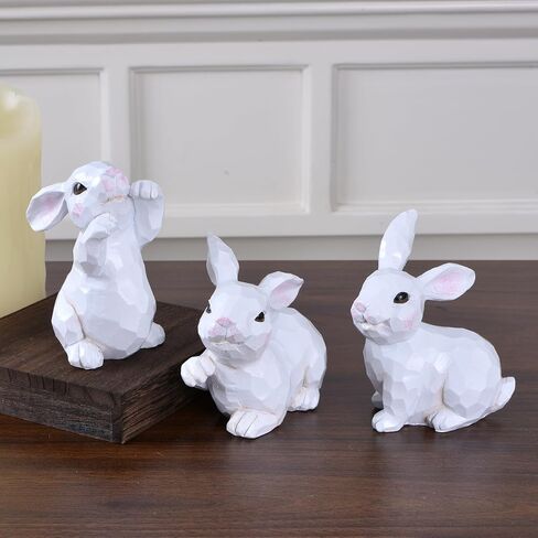 Easter Bunny Figurines, 3PCS White Resin Rabbit Decor with Hand-Carved Texture, Cute Easter Bunnies Collectables for Home Spring Tabletop Centerpiece, Tiered Tray, Shelf (White) in Saudi Arabia