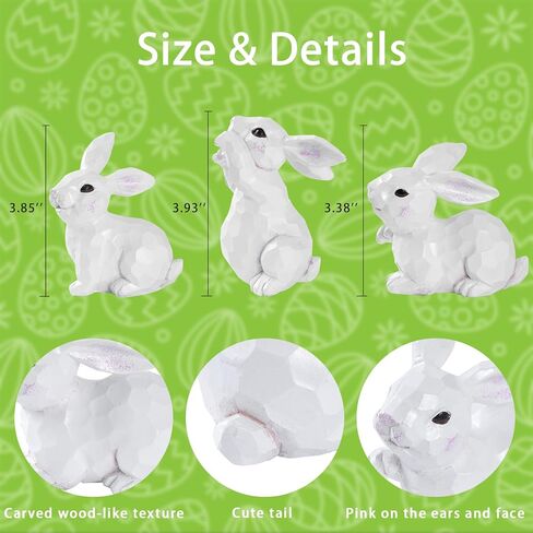 Easter Bunny Figurines, 3PCS White Resin Rabbit Decor with Hand-Carved Texture, Cute Easter Bunnies Collectables for Home Spring Tabletop Centerpiece, Tiered Tray, Shelf (White) in Saudi Arabia