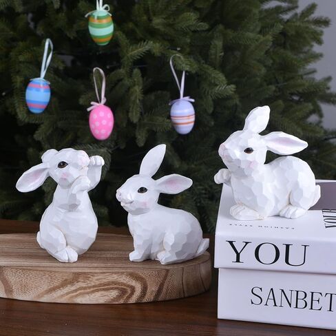 Easter Bunny Figurines, 3PCS White Resin Rabbit Decor with Hand-Carved Texture, Cute Easter Bunnies Collectables for Home Spring Tabletop Centerpiece, Tiered Tray, Shelf (White) in Saudi Arabia