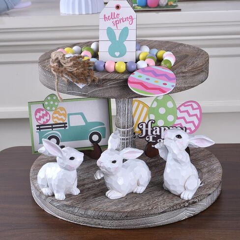 Easter Bunny Figurines, 3PCS White Resin Rabbit Decor with Hand-Carved Texture, Cute Easter Bunnies Collectables for Home Spring Tabletop Centerpiece, Tiered Tray, Shelf (White) in Saudi Arabia