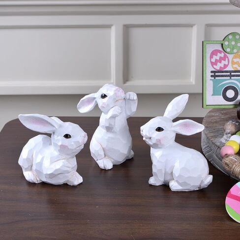 Easter Bunny Figurines, 3PCS White Resin Rabbit Decor with Hand-Carved Texture, Cute Easter Bunnies Collectables for Home Spring Tabletop Centerpiece, Tiered Tray, Shelf (White) in Saudi Arabia