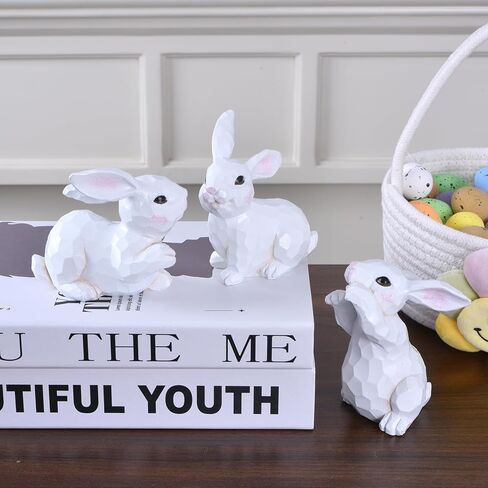Easter Bunny Figurines, 3PCS White Resin Rabbit Decor with Hand-Carved Texture, Cute Easter Bunnies Collectables for Home Spring Tabletop Centerpiece, Tiered Tray, Shelf (White) in Saudi Arabia