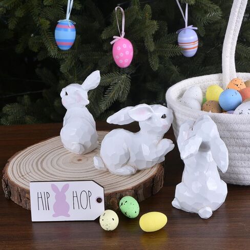 Easter Bunny Figurines, 3PCS White Resin Rabbit Decor with Hand-Carved Texture, Cute Easter Bunnies Collectables for Home Spring Tabletop Centerpiece, Tiered Tray, Shelf (White) in Saudi Arabia