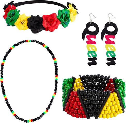 4PCS Women's African Jewelry Accessories Multicolor Beaded Stretchy Bracelet Necklace Wooden Queen Dangle Earrings Flower Crown Headband in Kuwait