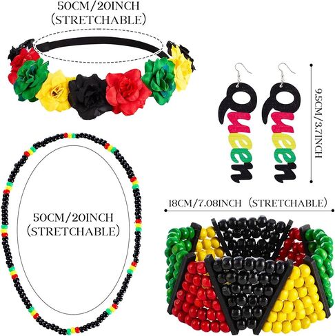 4PCS Women's African Jewelry Accessories Multicolor Beaded Stretchy Bracelet Necklace Wooden Queen Dangle Earrings Flower Crown Headband in Kuwait