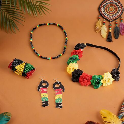 4PCS Women's African Jewelry Accessories Multicolor Beaded Stretchy Bracelet Necklace Wooden Queen Dangle Earrings Flower Crown Headband in Kuwait