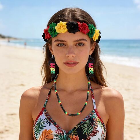 4PCS Women's African Jewelry Accessories Multicolor Beaded Stretchy Bracelet Necklace Wooden Queen Dangle Earrings Flower Crown Headband in Kuwait