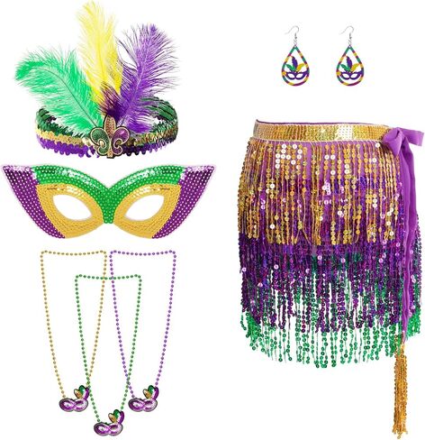 7PCS Mardi Gras Outfit Accessories Set for Women Sequin Fringe Wrap Skirt faux Feather Headband Masquerade Mask Beads Necklace Earrings Carnival Costume Outfit for Parades Party Dance Festivals in Kuwait