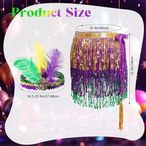 7PCS Mardi Gras Outfit Accessories Set for Women Sequin Fringe Wrap Skirt faux Feather Headband Masquerade Mask Beads Necklace Earrings Carnival Costume Outfit for Parades Party Dance Festivals in Kuwait