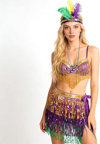 7PCS Mardi Gras Outfit Accessories Set for Women Sequin Fringe Wrap Skirt faux Feather Headband Masquerade Mask Beads Necklace Earrings Carnival Costume Outfit for Parades Party Dance Festivals in Kuwait