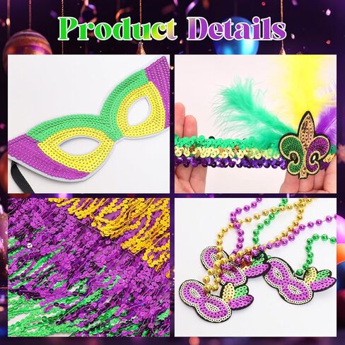 7PCS Mardi Gras Outfit Accessories Set for Women Sequin Fringe Wrap Skirt faux Feather Headband Masquerade Mask Beads Necklace Earrings Carnival Costume Outfit for Parades Party Dance Festivals in Kuwait