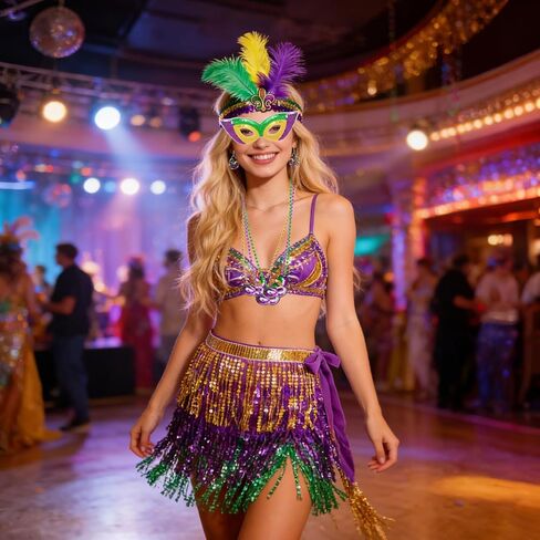 7PCS Mardi Gras Outfit Accessories Set for Women Sequin Fringe Wrap Skirt faux Feather Headband Masquerade Mask Beads Necklace Earrings Carnival Costume Outfit for Parades Party Dance Festivals in Kuwait