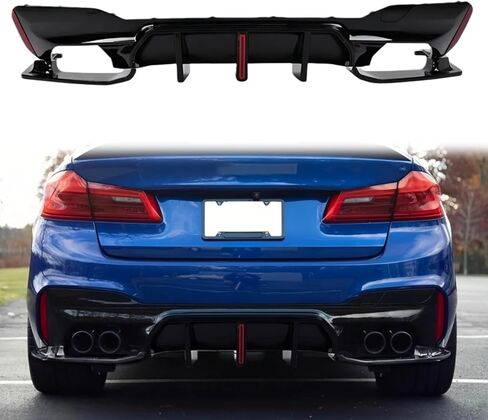 ناشر خلفي أسود لامع مع أضواء فرامل LED ستروب مناسب لسيارات BMW 2017-2023 G30 G31 G38 M-Sport | تصميم طراز M5 وملحقات الزوايا | ترقية Direct Fit للتصميم الخلفي العدواني in Kuwait