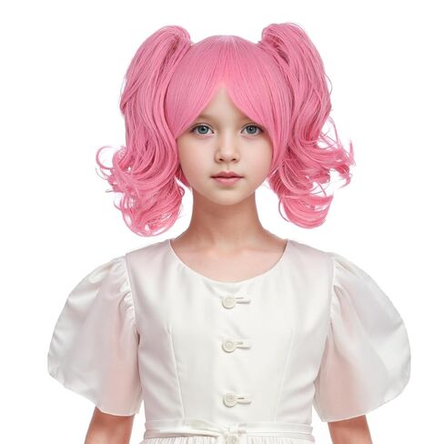 Kids Pink Two Ponytail Wig Short Pink Straight Wig with Bangs for Child Heat Resistant Synthetic Wig with Wig Cap in Kuwait