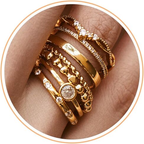 6 قطع من خواتم الذهب القابلة للتكديس للنساء، غير مشوهة، عصرية وأنيقة، 14 قيراط، مملوءة بالذهب، مكدسة، زركونيا، مجموعة خواتم الإبهام، مجموعة من خواتم الفرقة المكتنزة، خواتم الخطبة، مقاس 6-10 in Kuwait