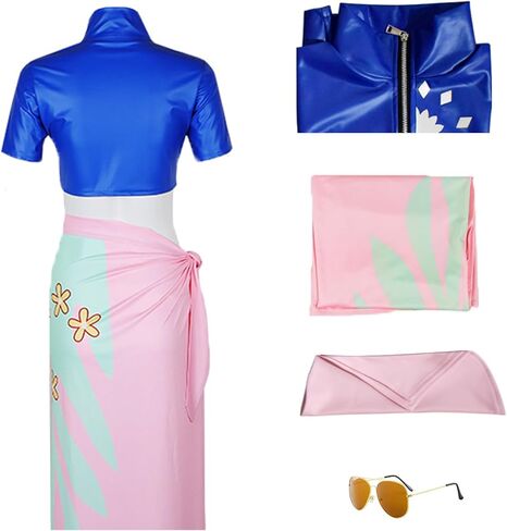 Women Anime Blue Cop Tops Costume Pink Fringe Dress Cosplay Uniform Tassel Skirt Halloween Outfits with Glasses in Saudi Arabia