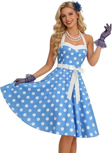 Womens Vintage Dress 1950s with Hat Hairpins, Necklaces, Gloves, Halter Polka Dot Dresses Outfit Tea Party Picnic in Kuwait
