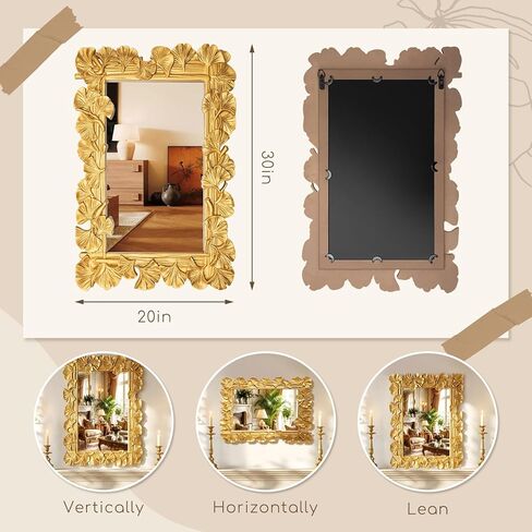 Large 30" × 20" Vintage Gold Mirror for Wall Ornate Rectangular Mirror Ginkgo Leaf Frame Antique Art Deco for Baroque Home Decor, Bedroom, Living Room, Decorative Bathroom in Saudi Arabia
