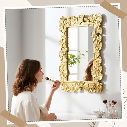 Large 30" × 20" Vintage Gold Mirror for Wall Ornate Rectangular Mirror Ginkgo Leaf Frame Antique Art Deco for Baroque Home Decor, Bedroom, Living Room, Decorative Bathroom in Saudi Arabia