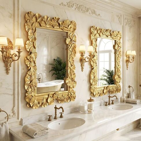 Large 30" × 20" Vintage Gold Mirror for Wall Ornate Rectangular Mirror Ginkgo Leaf Frame Antique Art Deco for Baroque Home Decor, Bedroom, Living Room, Decorative Bathroom in Saudi Arabia
