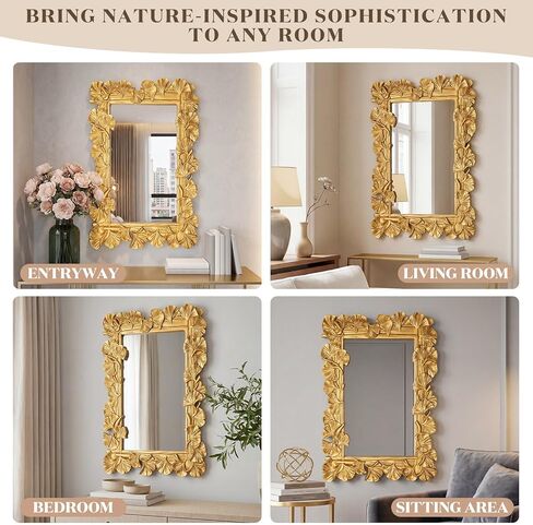 Large 30" × 20" Vintage Gold Mirror for Wall Ornate Rectangular Mirror Ginkgo Leaf Frame Antique Art Deco for Baroque Home Decor, Bedroom, Living Room, Decorative Bathroom in Saudi Arabia