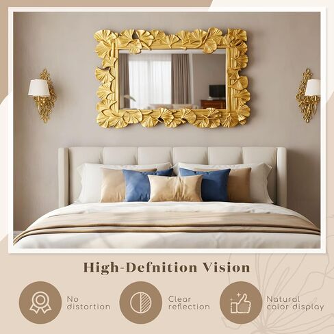 Large 30" × 20" Vintage Gold Mirror for Wall Ornate Rectangular Mirror Ginkgo Leaf Frame Antique Art Deco for Baroque Home Decor, Bedroom, Living Room, Decorative Bathroom in Saudi Arabia