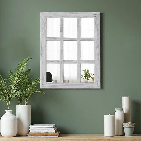 Farmhouse Window Mirrors for Wall Decor 18 X 23 Inch, Distressed White Wood Frame Window Pane Mirror, Rustic Rectangle Mirror for Living Room Bedroom Entryway, Horizontal or Vertical in Saudi Arabia