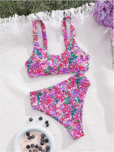 Women's 2 Piece Ditsy Floral Bikini Set Scoop Neck High Waisted Swimsuits in Saudi Arabia