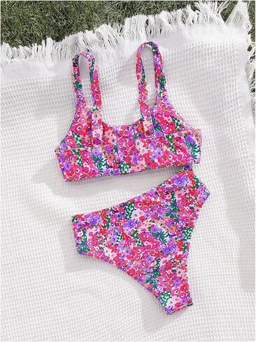 Women's 2 Piece Ditsy Floral Bikini Set Scoop Neck High Waisted Swimsuits in Saudi Arabia