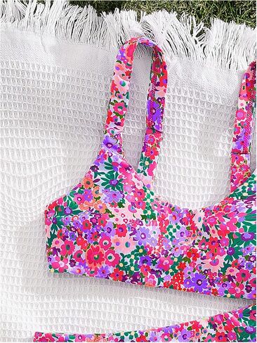 Women's 2 Piece Ditsy Floral Bikini Set Scoop Neck High Waisted Swimsuits in Saudi Arabia