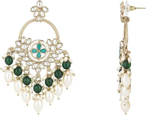 أقراط متدلية من I Jewels مطلية بالذهب الهندي لحفلات الزفاف الهندية مصنوعة يدويًا من لؤلؤ كوندان تشاندبالي للنساء (E3222G) in Saudi Arabia