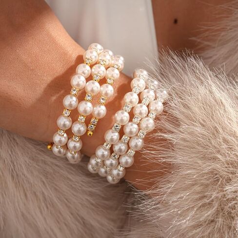 Vintage Elegant Multi-Layer Pearl & Rhinestone Bracelet Set, High-End Pearl Bangle & Chain Hand Jewelry for Women in Saudi Arabia