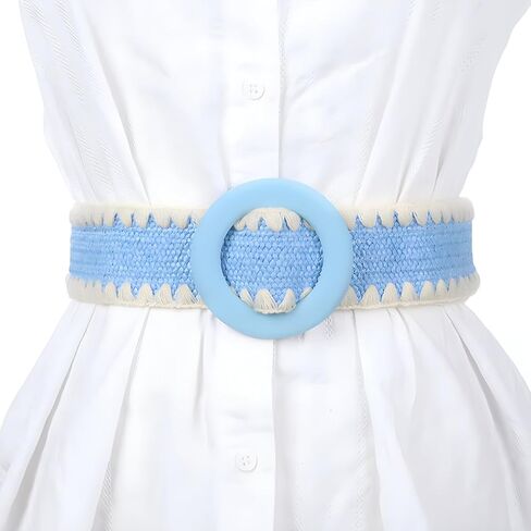 Women Straw Braided Elastic Belt Resin Buckle Ladies Waist Ornament Vegan Belt in Saudi Arabia