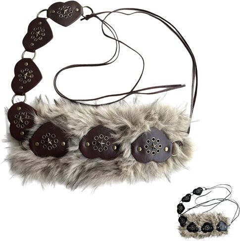 Faux Fur Leather Belt for Women - Circular Ring and Heart-Shaped Cutout Leather piece Punk Western Style Waist in Kuwait