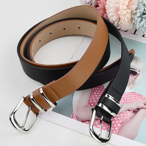 قطعتان من أحزمة جلدية نسائية، أحزمة نسائية من جلد البولي يوريثان، حزام عصري بإبزيم معدني، بسيط ومتعدد الاستخدامات، حزام خصر عتيق للجينز والسراويل والفساتين (103 × 2.8 سم) in Saudi Arabia