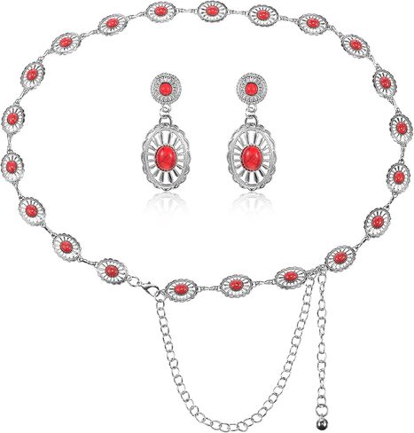 Quelay Western Turquoise Concho Belt Cowgirl Earrings Sets for Women Cowgirl Chain Belts Boho Earrings for Country Concert Outfit in Saudi Arabia