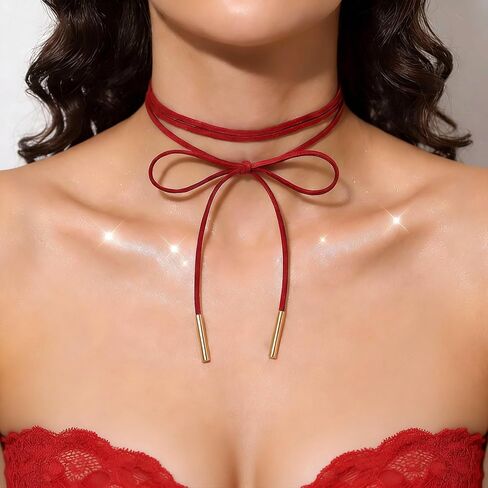 2 PCS Gothic-Bowknot Velvets Red Chokers Necklace Set for Women- Sexys Long Wrap Chokers Necklace with Gold Tube Pendant, Long Wrap Rope Collar Tie Neck Chain Party Neck Accessories in Kuwait