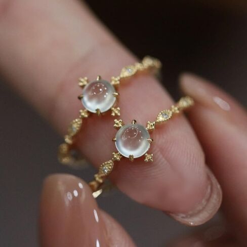 LMCIEZR 18k Yellow Gold Blue Moonstone Open Ring Ring Female Adjustable Light Luxury Setting Gemstone Oval Shape Opal Ring Solitaire Birthstone Ring Eternity Engagement Wedding Band Ring for Women in Kuwait