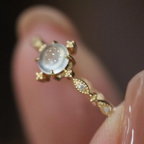 LMCIEZR 18k Yellow Gold Blue Moonstone Open Ring Ring Female Adjustable Light Luxury Setting Gemstone Oval Shape Opal Ring Solitaire Birthstone Ring Eternity Engagement Wedding Band Ring for Women in Kuwait