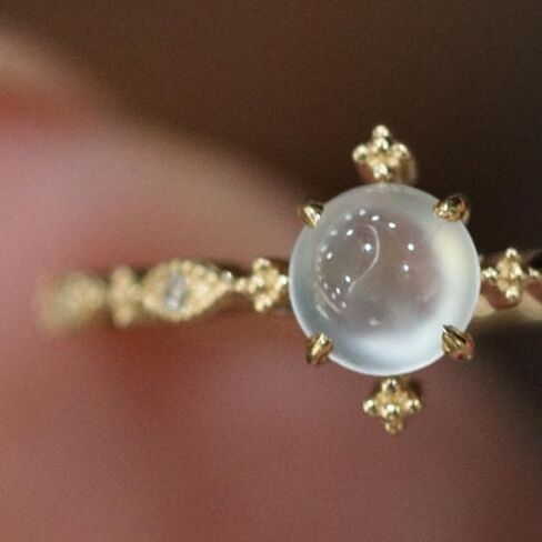 LMCIEZR 18k Yellow Gold Blue Moonstone Open Ring Ring Female Adjustable Light Luxury Setting Gemstone Oval Shape Opal Ring Solitaire Birthstone Ring Eternity Engagement Wedding Band Ring for Women in Kuwait